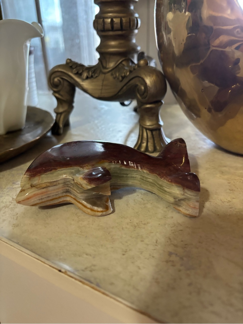 Vintage Hand-Carved Multicolor Onyx Dolphin Figurine - Home Accents